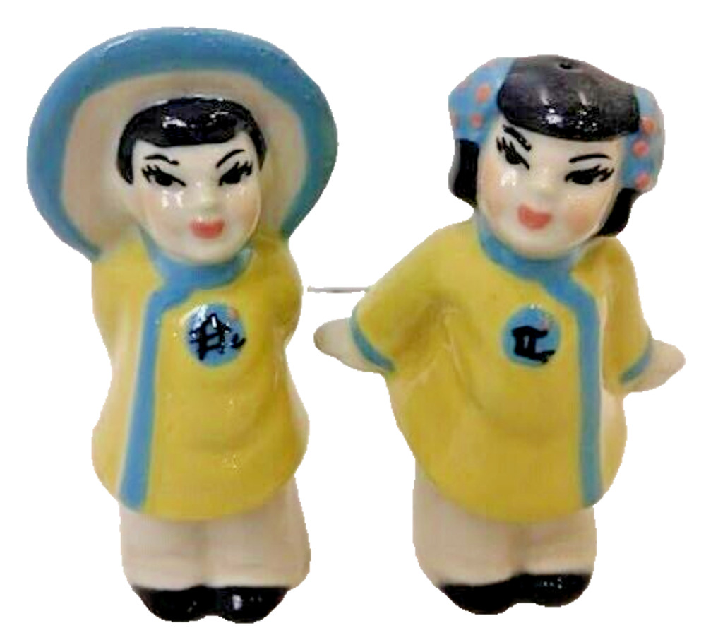 Vtg. Salt and Pepper Shakers Asian Boy Girl Yellow Blue Coolie Coats
